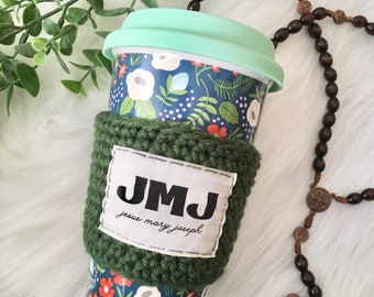 Coffee cozy. JMJ coffee sleeve. Jesus Mary Joseph. Catholic gifts.