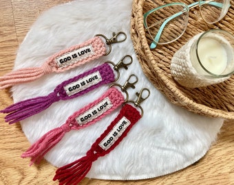 Keychain. Tassel keychain. Catholic gifts for women. God is love. Boho style keychain. Catholic keychain. Valentine bag charm.