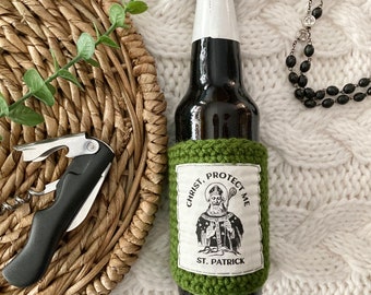 Beer cozy. St. Patrick gift. Catholic gifts for men. Saint Patrick of Ireland. Gifts for Catholic men. Christ protect me.