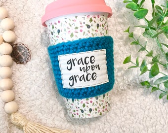 Coffee cozy. Grace upon grace. Christian coffee sleeve. Catholic gifts. Religious gifts. Coffee gift.