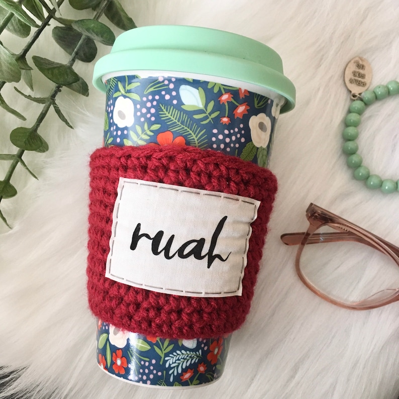 Red coffee sleeve Coffee cozy Holy Spirit cozy Confirmation gift. Ruah breath of God Catholic gifts