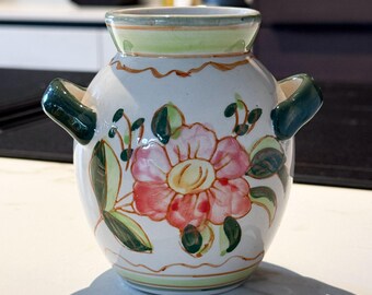 Vintage Keramikvase handbemalt | Bauchige Blumenkanne Rosa Grün Gelb | Majolika Stil | Landhaus Deko