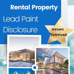 May include: A blue graphic with the text "Rental Property Lead Paint Disclosure" and "Instant Download." The image includes photos of modern houses and text: "With a free guide from a 10 year veteran landlord teaching you the who what where when why and how!!!"
