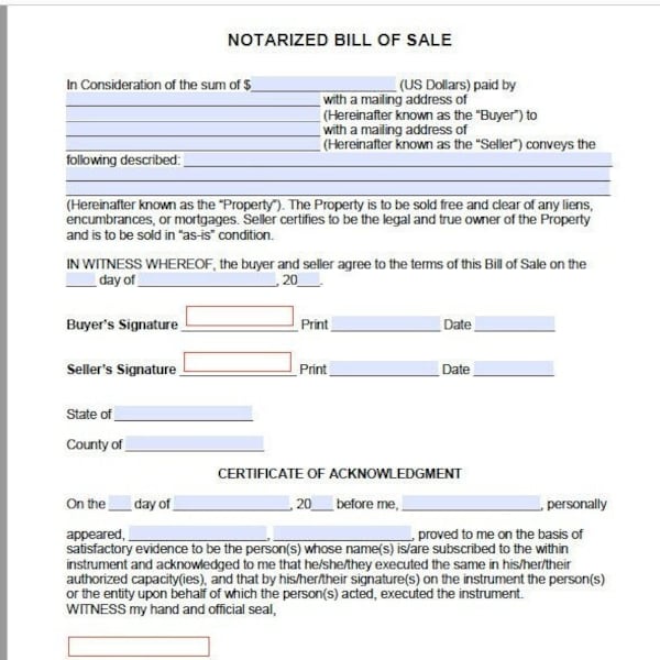 Notarized Bill Of Sale Form! Cars, Motorcycles, Trailers, Real Estate And More! Digital Download Fillable Printable PDF And WORD Format!