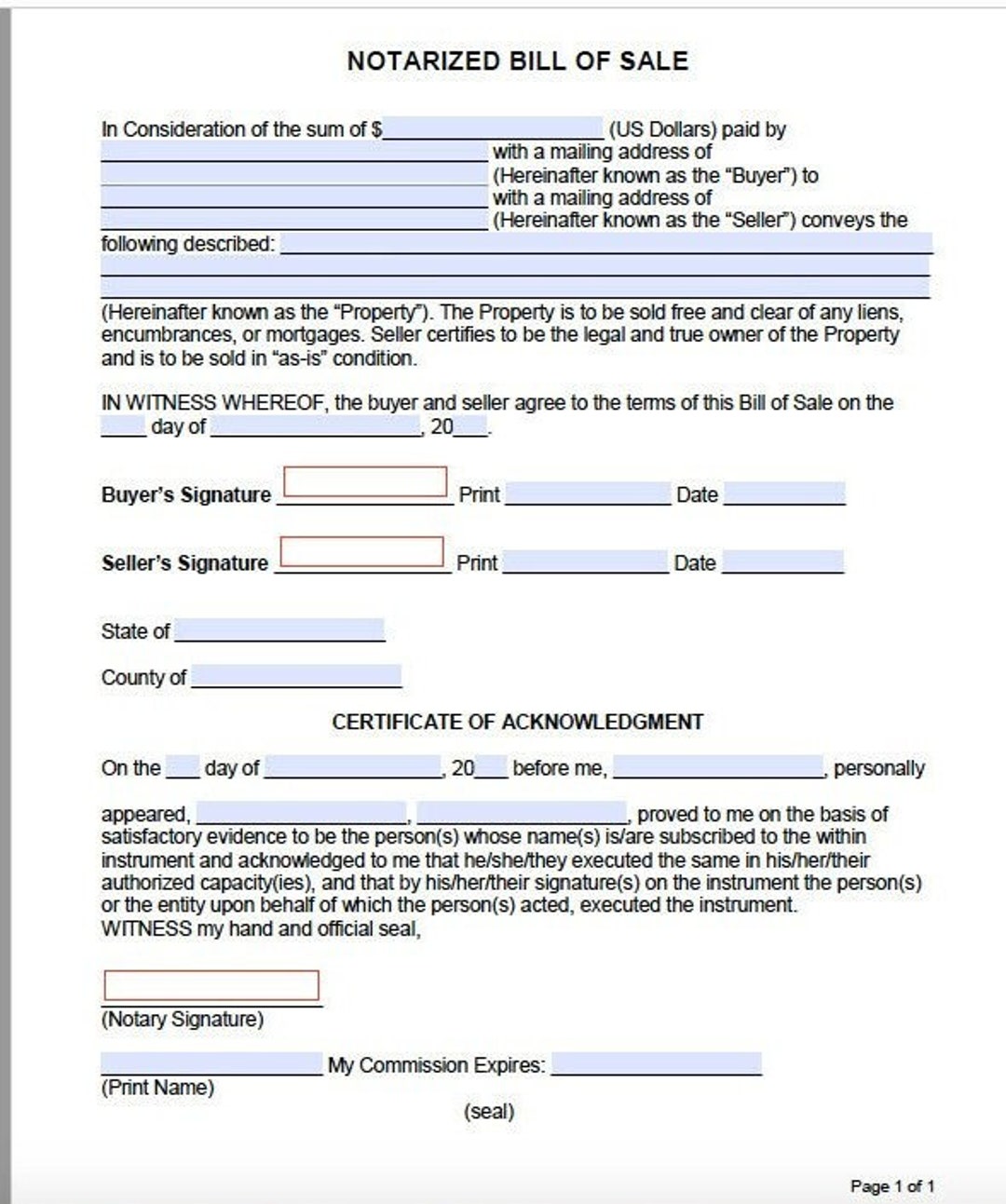 Notarized Bill Of Sale Form Cars Motorcycles Trailers Real Estate