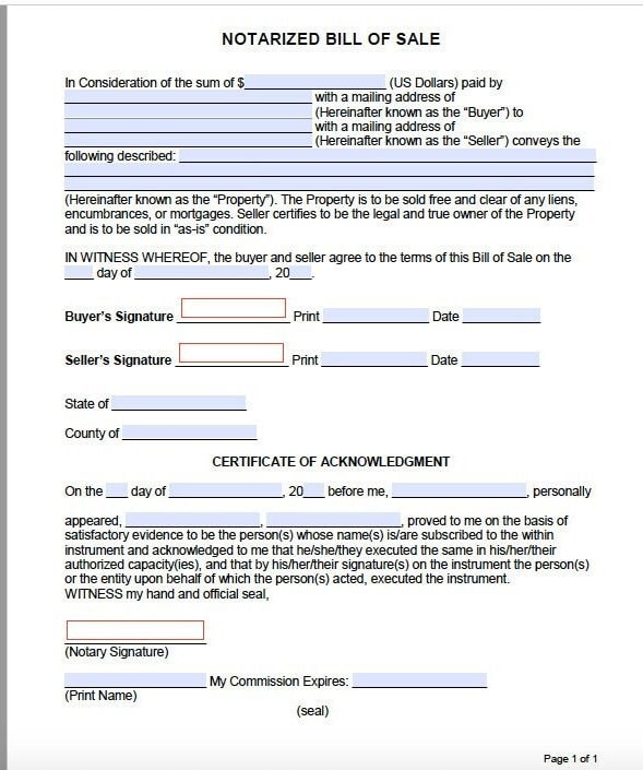 Notarized Bill of Sale Form Cars, Motorcycles, Trailers, Real Estate and More Digital Download