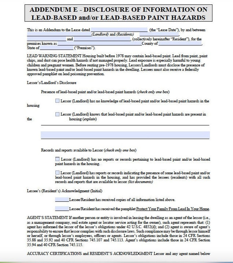 Rental Property Lead Based Paint Disclosure, EPA Brochure, and FREE