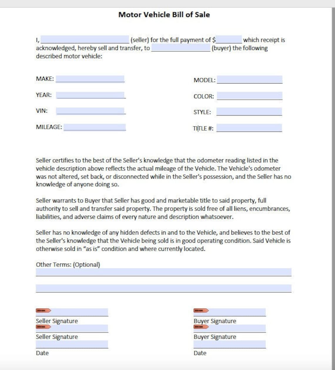 Motor Vehicle Bill of Sale Form Instant Printable Digital Download