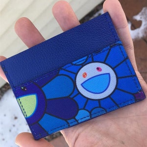 Repurposed Takashi Murakami Flowers Canvas and Leather Card holder  Cardholder Wallet - 2 slots