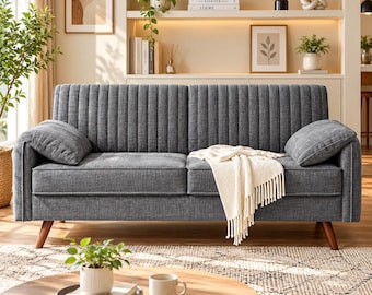 Modern Gray Sofa, Mid Century Modern Couch, Channel Tufted Sofa, 3 Seater Living Room Couch, Contemporary Furniture, Cozy Home Decor