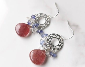 Strawberry Quartz Herkimer Diamond & Tanzanite Earrings, Sterling Silver Dangle Earring, Gemstone Earring, Gemstone Jewelry, Gift for Her