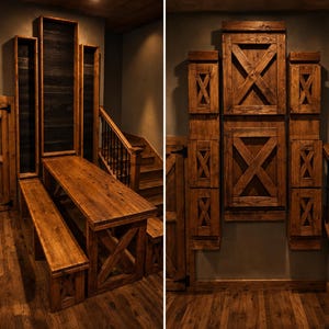 May include: A wooden dining set featuring a rectangular table and two benches with X-shaped support braces. The wall displays matching wooden panels with X-bracing, which can be folded down to form the table and benches.