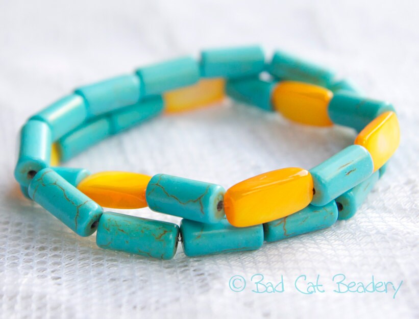 Blue Orange Bead Stretch Bracelet Turquoise Barrel Beads Etsy