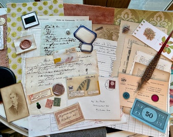 Mixed Bundle: "In the Study" - fabric sampler, vintage wallpaper, junk journal supplies, mixed media.