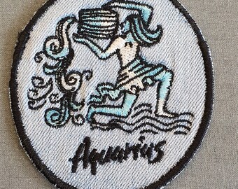 Aquarius Iron-On Patch, on Light Denim, Zodiac Sign, Embroidered Patch