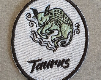 Taurus Iron-On Patch, on Light Denim, Zodiac Sign, Embroidered Patch