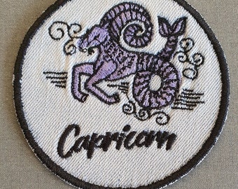 Capricorn Iron-On Patch, on Light Denim, Zodiac Sign, Embroidered Patch