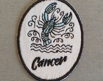 Cancer Iron-On Patch, on Light Denim, Zodiac Sign, Embroidered Patch