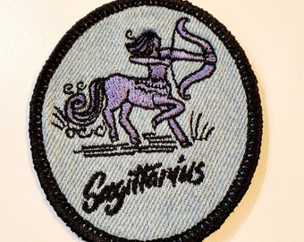 Sagittarius Iron-On Patch, on Light Denim, Zodiac Sign, Embroidered Patch