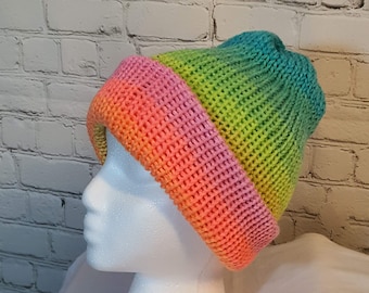 Retro Rainbow Slouchie Beanie Hat, Reversible Tuque, Winter Hat