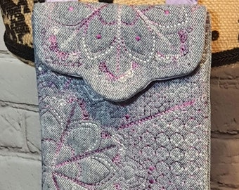 Little Blue Jean Purse, Denim Bag, Phone and Card Bag, Blue Denim, White, Mauve, Purple, Magnetic Closure and Zipper, Mandala