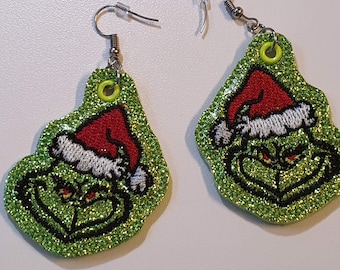 Christmas Earring, Holiday Grinch Earrings, Sparkle Green Glitter, Pierced Earrings