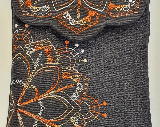 Featured listing image: Little Black Mandala Bag, Denim Purse, Phone and Card Bag, Black Cotton Lining, Magnetic Closure