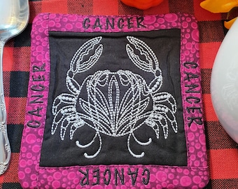 Cancer Mug Rug, Coffee Cup Coaster, Embroidered Zodiac Design