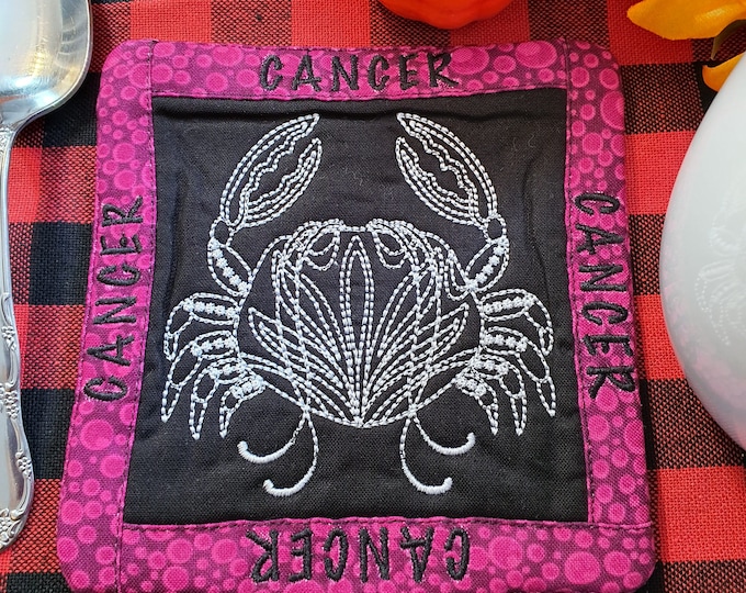 Featured listing image: Cancer Mug Rug, Coffee Cup Coaster, Embroidered Zodiac Design