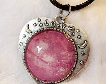 Pink Heart Shimmer Pendant, Wearable Art Piece, with Gold Shimmer