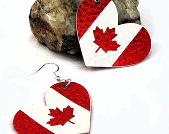 Canada Flag Heart Earrings, White Faux Leather with Red Foil Flag