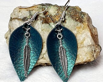 Pinched Teardrop Earrings with silver feather charm, Faux Leather in Metallic Teal, Emerald