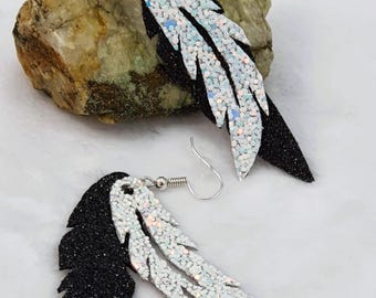 Feather Earrings, Iridescent Chunky Glitter with Black Glitter Faux Leather