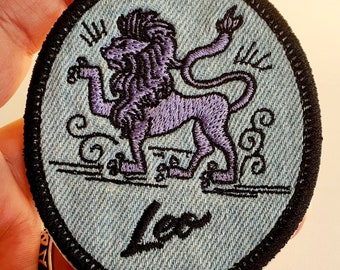Leo Iron-On Patch, on Light Denim, Zodiac Sign, Embroidered Patch
