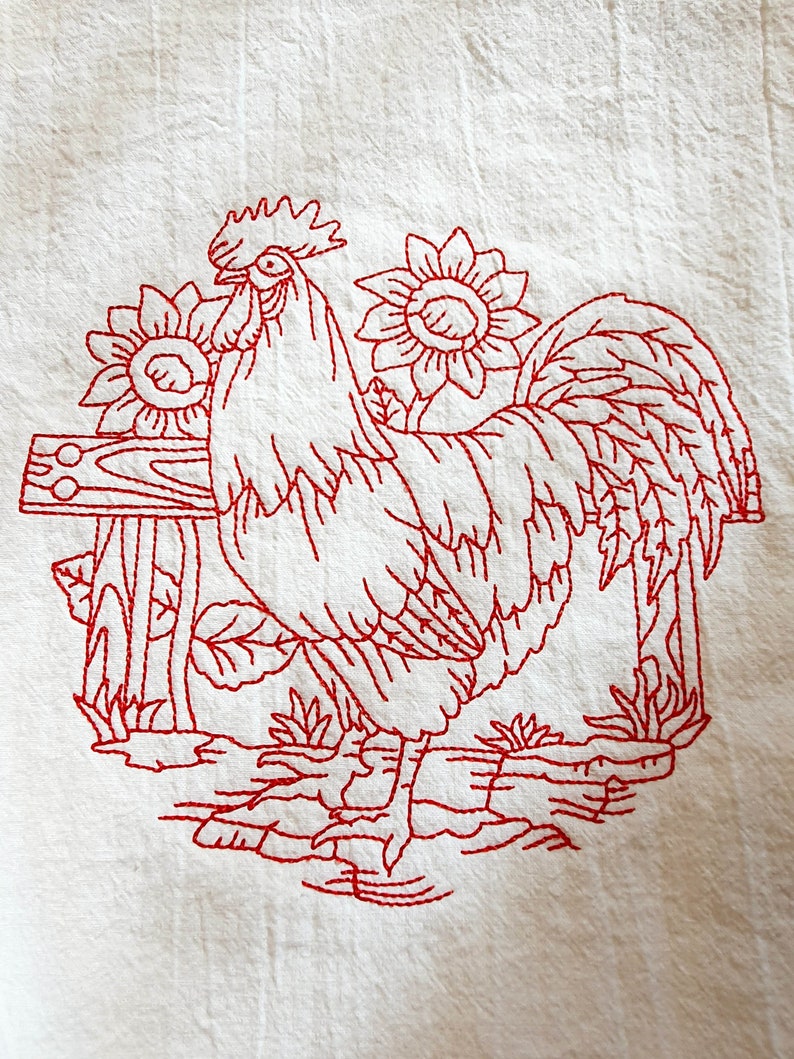 Rooster and Chicken Set of 2 Flour Sac Dish Towels with Embroidered Design, Extra Large Cotton Dish Towels, Redwork Embroidery image 4