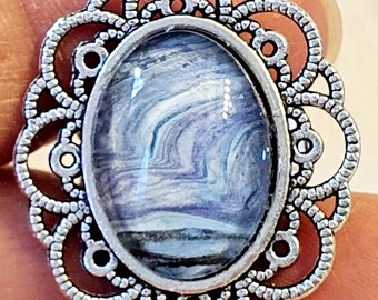 Blue Shimmer Ring, Wearable Art Piece, Adjustable, Blue with Silver Shimmer, Antique Silvertone Setting