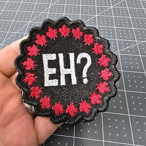 Eh? Canadian Iron-On Patch, Red Maple Leaves, Embroidered Patch