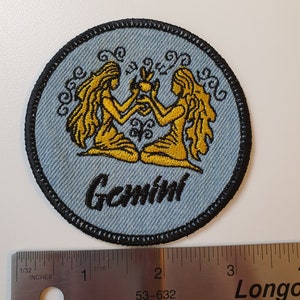 Gemini Iron-On Patch, on Light Denim, Zodiac Sign, Embroidered Patch