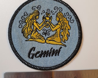 Gemini Iron-On Patch, on Light Denim, Zodiac Sign, Embroidered Patch