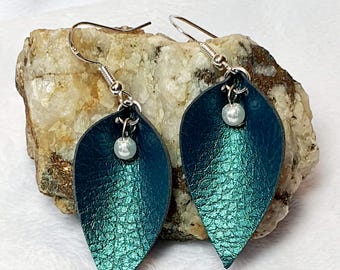 Pinched Teardrop Earrings with white faux pearl, Faux Leather in Metallic Teal, Emerald