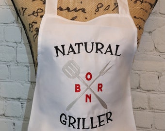 Natural Born Griller White Adult Apron, Embroidered, Fun kitchen, BBQ, Men's, or Women's Apron