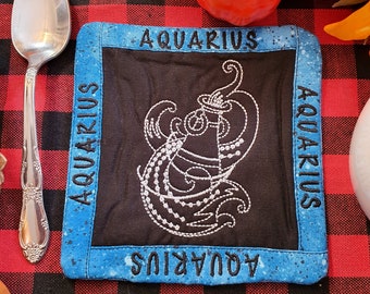 Aquarius Mug Rug, Coffee Cup Coaster, Embroidered Zodiac Design