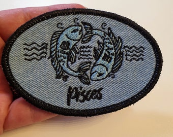 Pisces Iron-On Patch, on Light Denim, Zodiac Sign, Embroidered Patch