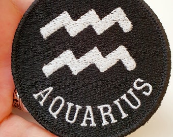 Aquarius Symbol Iron-On Patch, Zodiac Sign, Embroidered Patch