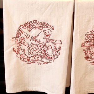 Rooster and Chicken Set of 2 Flour Sac Dish Towels with Embroidered Design, Extra Large Cotton Dish Towels, Redwork Embroidery image 2