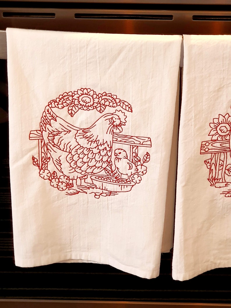Rooster and Chicken Set of 2 Flour Sac Dish Towels with Embroidered Design, Extra Large Cotton Dish Towels, Redwork Embroidery image 2