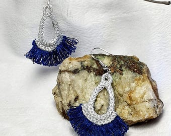 Fringe Earrings in Silver and Blue, Pierced Earrings, Holiday Earrings, Embroidered