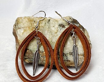 Double Teardrop Earrings in Brown Faux Suede with Silver Feather Charm