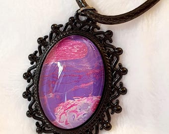 Oval Filigree Frame Pink Purple Shimmer Pendant, Wearable Art Piece, Black Setting