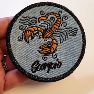 Scorpio Iron-On Patch, on Light Denim, Zodiac Sign, Embroidered Patch